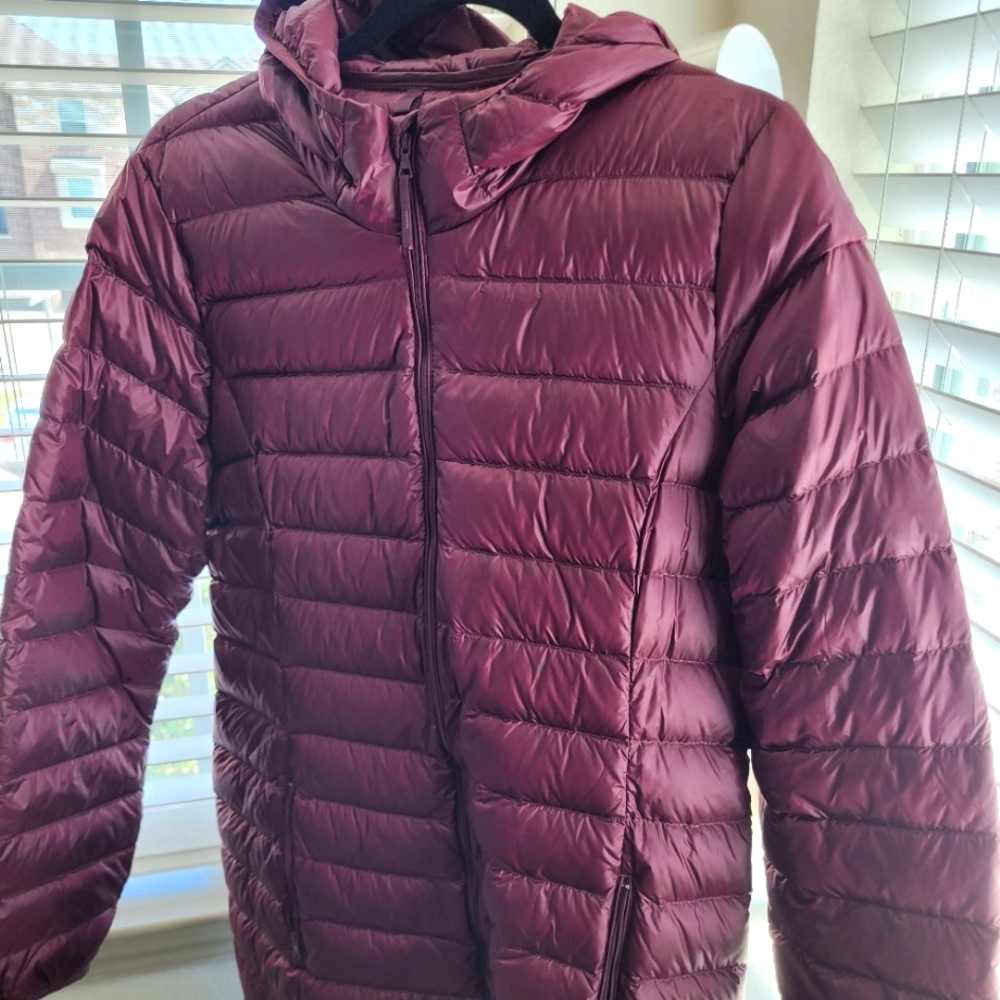 Brand new long burgundy puffer